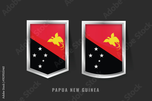 Vector illustration of Papua New Guinea flag on 3D metallic shields. Red and black diagonal design with Raggiana Bird of Paradise and Southern Cross stars. National symbol of Papuan pride