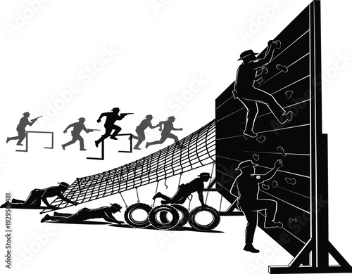 Black and white illustration of soldiers climbing an obstacle wall in a challenging military training exercise