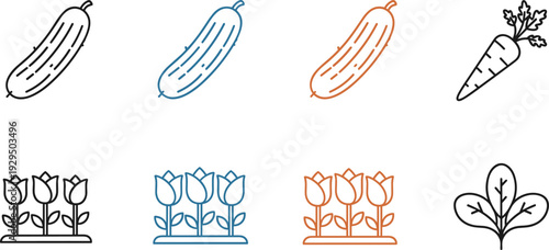 Vegetable line icon vector set. Cucumber, carrot, flowers and leafy plant outline illustrations. Minimal flat design collection isolated on white background.
