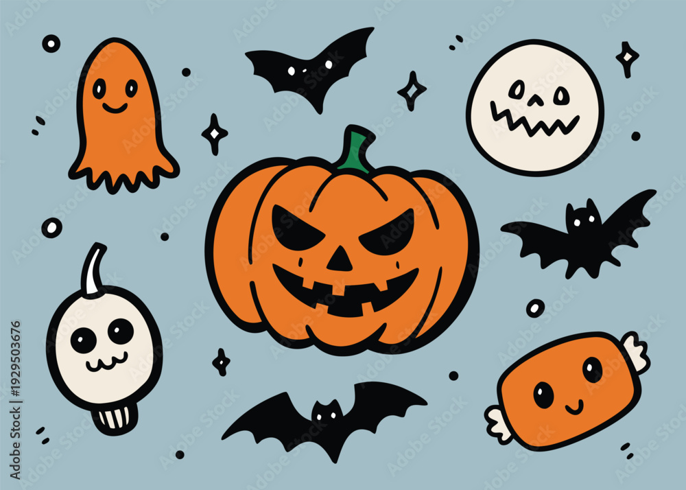 Fototapeta premium Doodle Halloween collection featuring a large carved pumpkin, cute ghosts, flying bats, and skull and candy icons.