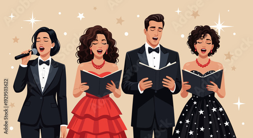 Elegant Vocal Ensemble Performance: Diverse Singers Celebrating Music with Festive Sparkle