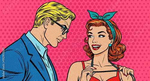Pop Art Couple Flirting: Retro Comic Book Style Romance with Seductive Woman and Observant Man