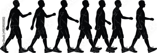 Silhouette sequence of a man walking, frame by frame animation cycle, male figure in motion, side view, isolated on white,