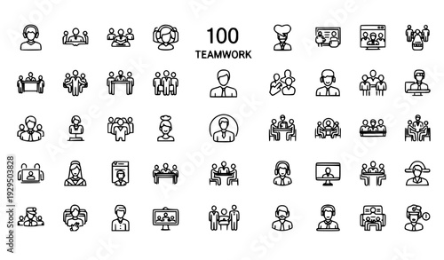 100 Teamwork Line Icons Set – Business Collaboration Outline Vector Collection
