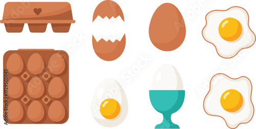 Egg Collection with Carton Tray Whole Broken and Fried Eggs Flat Breakfast Food Vector Illustration Set