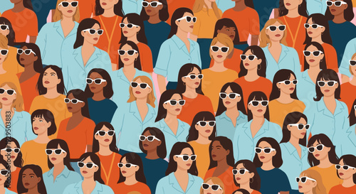Vibrant Seamless Pattern of Diverse Women in White Sunglasses - Modern Flat Illustration of Female Empowerment and Community