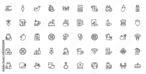 Vegan food icon set. Plant-based vector icons pack. Includes stir fry, carrot, banana, salad, burger, tofu, avocado and more. Editable stroke.
