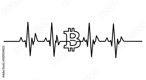 A conceptual line art illustration showing a Bitcoin symbol integrated into an electrocardiogram heartbeat pulse.