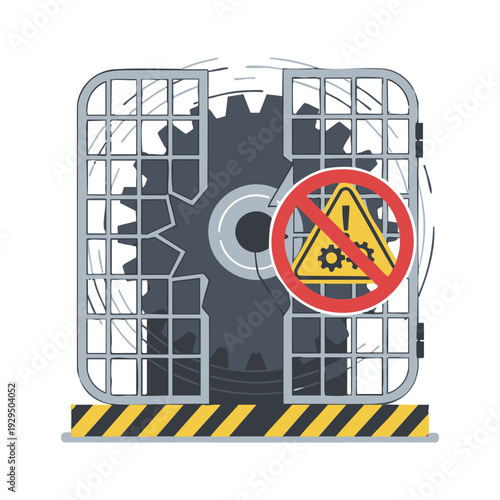 Machine guard safety warning with broken metal mesh