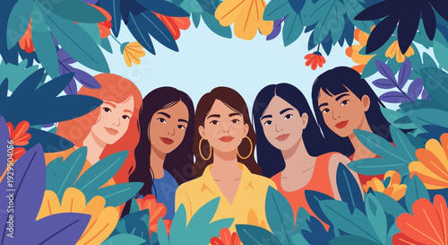 Diverse Women Smiling in Vibrant Floral Frame Illustration. Group of Multi-ethnic Females Surrounded by Tropical Foliage.
