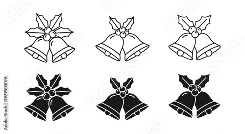 A charming collection of six Christmas bells adorned with holly, perfect for holiday greetings and festive decor.