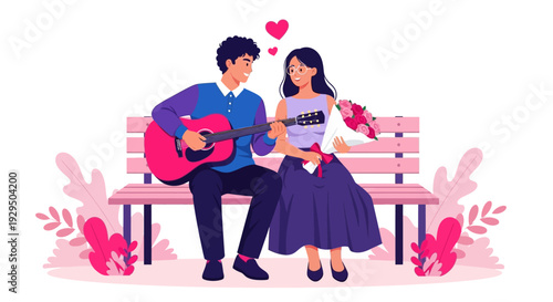 Young Couple on Romantic Date: Man Plays Guitar for Woman with Flowers on Park Bench