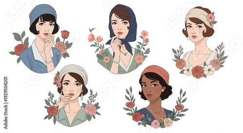 Elegant Diverse Vintage Women Portraits with Floral Accents: A Retro 1920s-1930s Fashion Illustration Collection