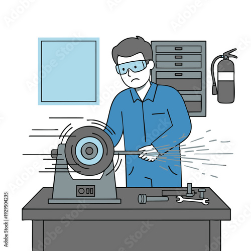 Worker using a grinder with proper safety goggles for protection