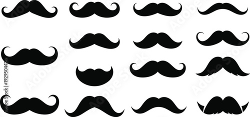 Set of black mustache silhouettes in various vintage and modern styles, facial hair collection, barber shop design elements, isolated, icons