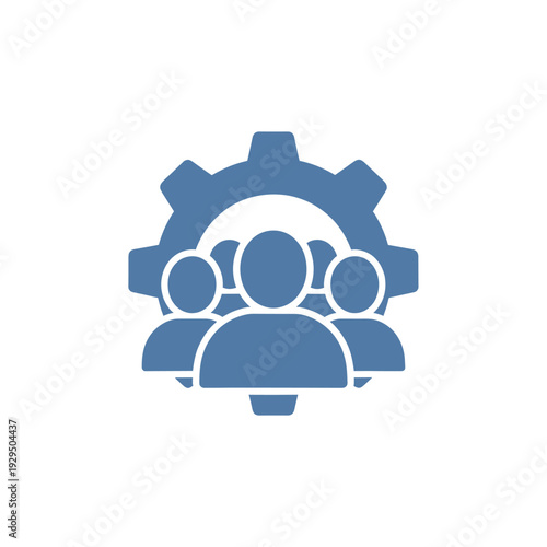 A blue icon depicting a group of people in front of a gear, symbolizing teamwork and collaboration.