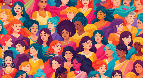 Vibrant Illustration of Diverse Global Women: Unity, Empowerment, Sisterhood, and Equality in a Colorful Community