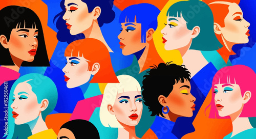 Vibrant Diverse Women Portraits: Modern Graphic Art Illustration of Female Empowerment, Individuality & Community