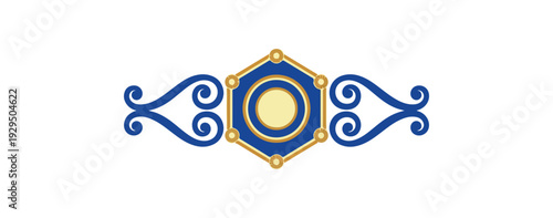 Decorative ornamental design elements in blue and gold on black background