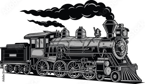 Vintage steam locomotive train with smoke, detailed black and white classic railway engine illustration isolated on white background transportation concept artwork
