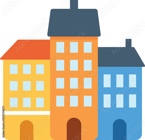 Colorful apartment buildings with windows and rounded doors sit next to each other