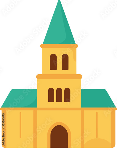 Charming old church with a steeple stands tall and proud on a bright, sunny day