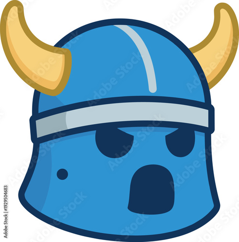Cartoon viking head wearing a blue helmet with blond horns illustration