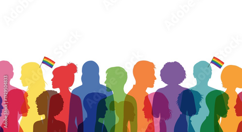 Diverse LGBTQ+ Community: Colorful Silhouettes with Rainbow Flags Symbolizing Inclusion, Equality, and Global Pride