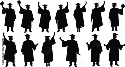 Silhouettes of diverse graduates in gowns and caps celebrating success, holding diplomas, cheering, and gesturing joyfully isolated on white background