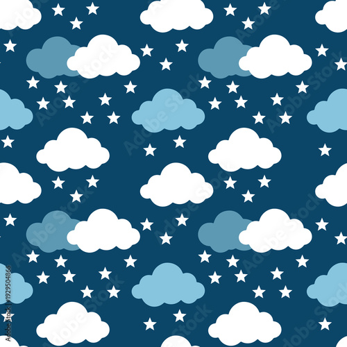 Seamless pattern with white clouds and stars on dark blue sky, dreamy light blue design