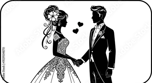 Elegant Wedding Couple Silhouette Holding Hands with Hearts - Stylish Bride and Groom Vector Illustration