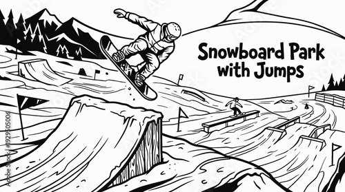 snowboard park with ramps and jumps black and white vector in snowy terrain representing freestyle winter sport and extreme activity