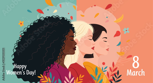 International Women's Day illustration featuring diverse women in solidarity, celebrating female empowerment and unity on March 8th.