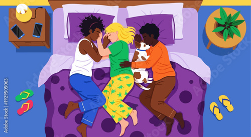 Cozy Co-Sleeping: Diverse Family with Pet Dog in Bed. Overhead Illustration of Multiracial Group Enjoying Restful Night Together.