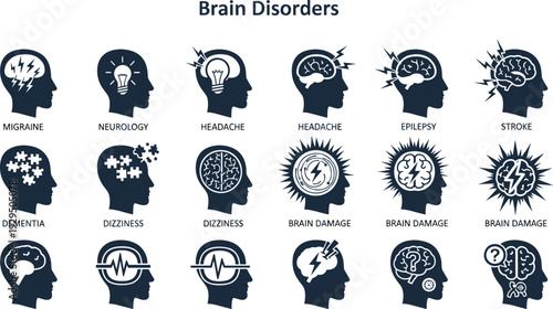 Solid vector icons for brain disorders dementia migraine cognitive impairment dizziness stroke and clinical neurological health services