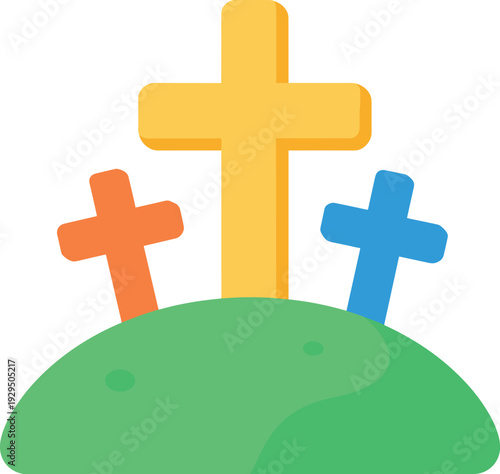 Colorful crosses stand on a grassy knoll against a white background