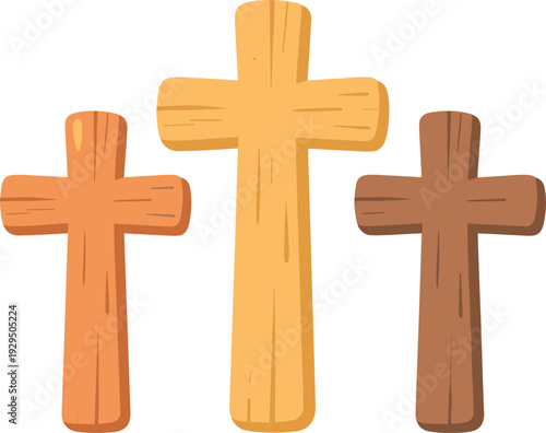 Three crosses of different colors representing christianity sit against a white backdrop