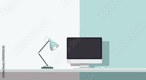 Modern minimalist desk setup with a computer monitor and adjustable desk lamp on a clean white and teal background.