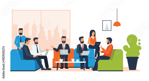 Diverse group of professionals collaborating in a modern office meeting room with laptops and tablets