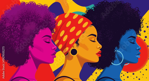 Vibrant Pop Art Illustration of Diverse Women with Afro Hairstyles and Headwrap, Celebrating Beauty & Culture