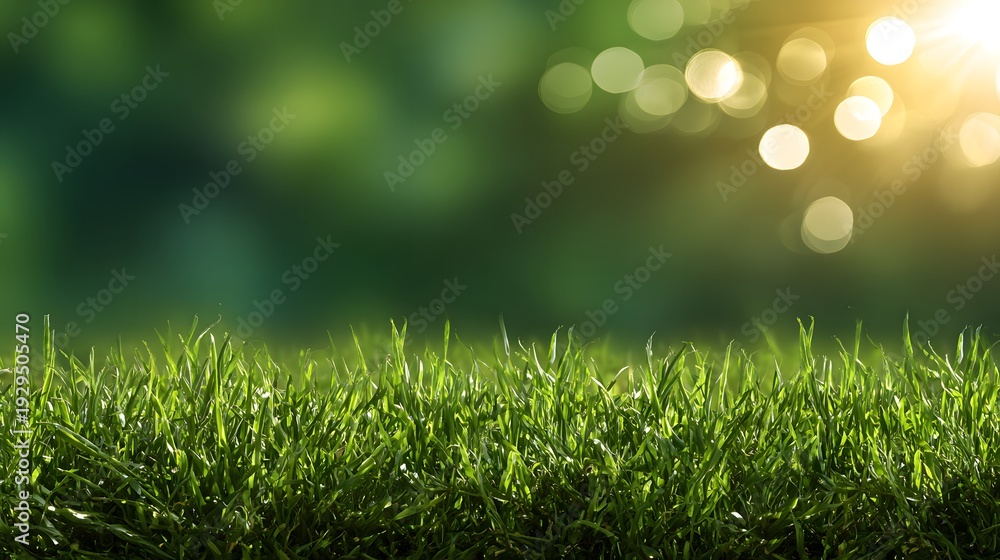 Obraz premium Lush Meadow Under Sunlight: A vibrant expanse of fresh green grass, bathed in the soft glow of sunlight, creates a sense of peace and natural beauty, inviting contemplation and calm.