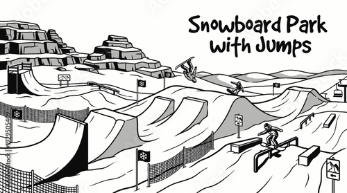 snowboard park with ramps and jumps black and white vector in snowy terrain representing freestyle winter sport and extreme activity