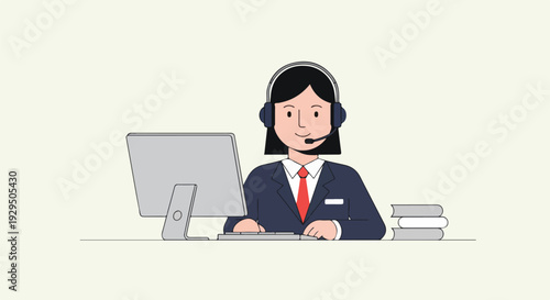Customer service representative with headset and computer, providing support and assistance, business concept illustration