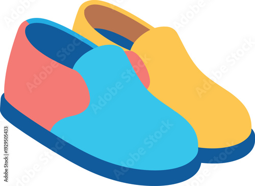 Illustration showing two pairs of slippers, one in yellow and one in pink and blue