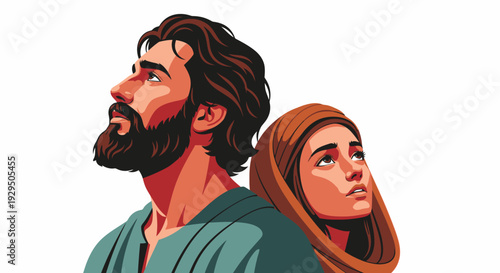 Faithful Couple Looking Upward: Hope, Prayer, and Spiritual Contemplation. Modern Vector Illustration.