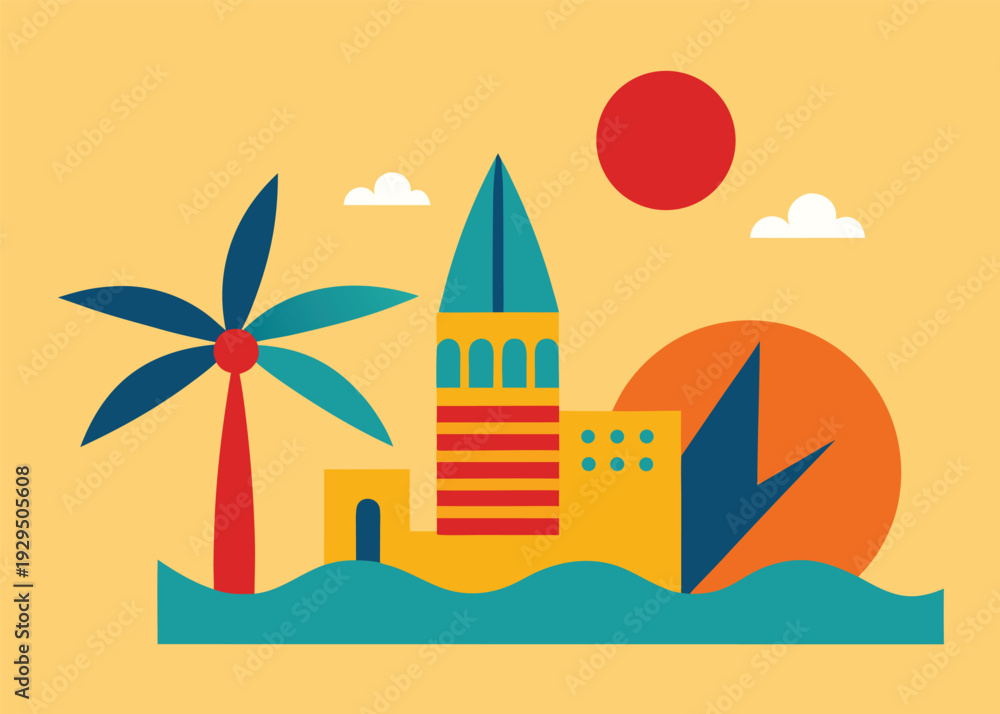 Obraz premium Retro Mediterranean summer scene with a building, tall palm tree, red sun, and blue waves on a yellow background.