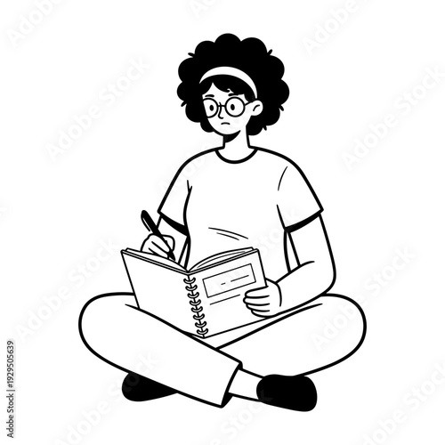 Hand drawn style illustration of a person sitting, writing notes in a spiral notebook