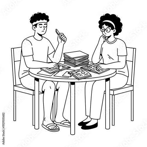Hand drawn illustration of a couple discussing finances and paperwork at home.