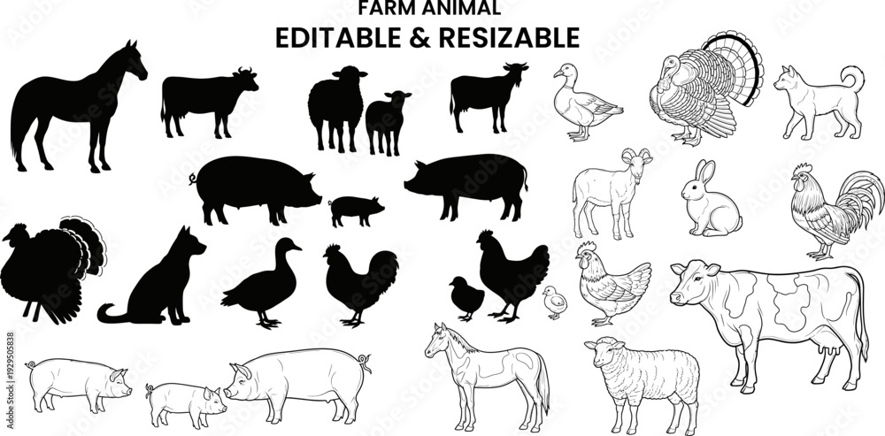 Fototapeta premium Farm animal silhouettes and detailed line art vector collection