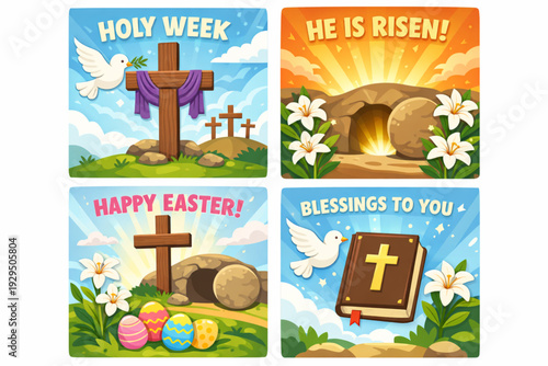 Holy Week & Easter Christian Cards — Jesus's Cross, Dove, Lily & Bible Cartoon Flat Vector Illustration